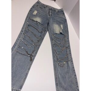 Rhinestone‎ Chain Distressed Ripped Jeans Women's Light Wash Denim KIWI Sz L